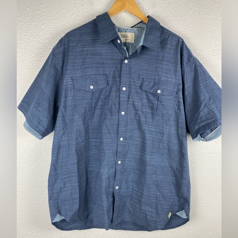 Free Planet men's short-sleeve button-down shirt blue cotton blend size 2X